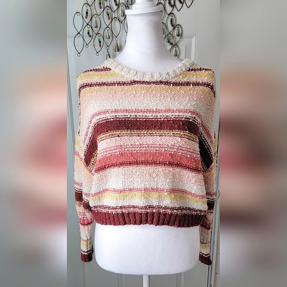 Billabong Sweaters - Billabong Cropped Sweater Women's S Cream & Red 100% Cotton Rough Knit  Dolman S